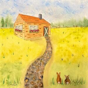 Hand painted watercolor original painting bunnies cabin